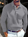 Camisa Masculina de Manga Longa para Outono 2026 – Estilo Business Casual, Respirável, em Tricô com Botões, Gola e Detalhes Listrados em Cor.