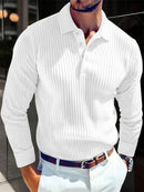 Camisa Masculina de Manga Longa para Outono 2026 – Estilo Business Casual, Respirável, em Tricô com Botões, Gola e Detalhes Listrados em Cor.