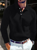 Camisa Masculina de Manga Longa para Outono 2026 – Estilo Business Casual, Respirável, em Tricô com Botões, Gola e Detalhes Listrados em Cor.