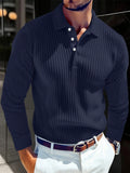 Camisa Masculina de Manga Longa para Outono 2026 – Estilo Business Casual, Respirável, em Tricô com Botões, Gola e Detalhes Listrados em Cor.