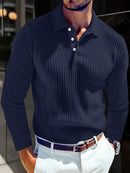 Camisa Masculina de Manga Longa para Outono 2026 – Estilo Business Casual, Respirável, em Tricô com Botões, Gola e Detalhes Listrados em Cor.