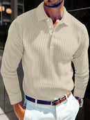 Camisa Masculina de Manga Longa para Outono 2026 – Estilo Business Casual, Respirável, em Tricô com Botões, Gola e Detalhes Listrados em Cor.